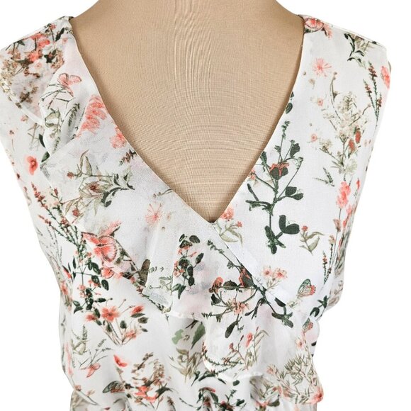 RW & Co White Floral Flowy Lightweight Waist Cinch Blouse Sz S - Picture 2 of 10